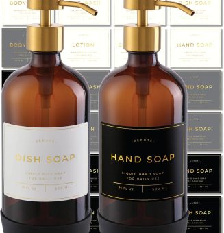 16oz Glass Soap Dispenser with Stainless Steel Pump, 21 Waterproof Labels, Non-Slip Protective Silicone Pad, Set of 2 for Bathroom & Kitchen (Amber Bottle/Brushed Gold Pump)