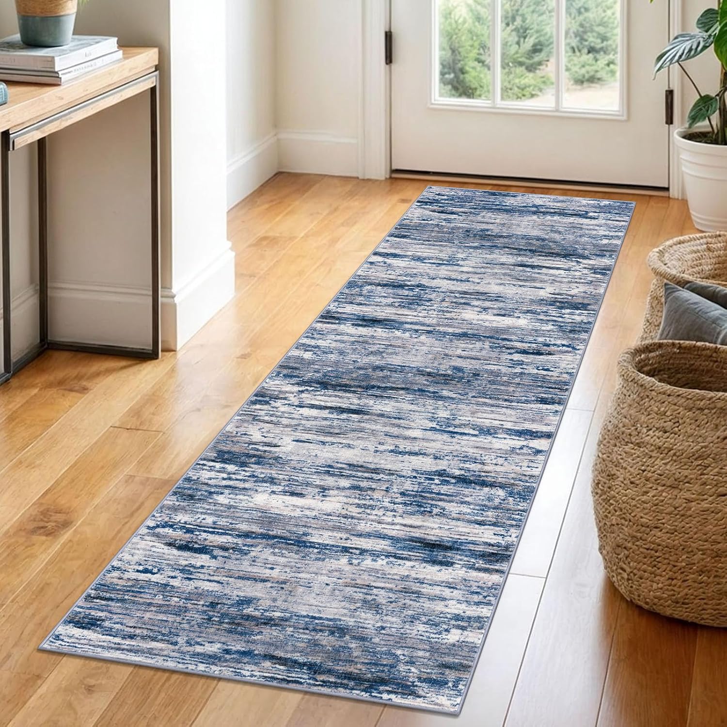 2x6 Navy Blue Gray Neutral Multi Modern Abstract Runner Rug for Hallways, Super Soft Hallway Decor Kitchen Rugs with Non-Slip, Non-Shedding Washable Rug for Entryway Bedroom Indoor