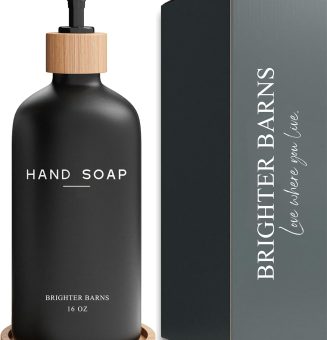Black Glass Hand Soap Dispenser Bathroom Set by Brighter Barns - Bathroom Soap Dispenser Set with Tray - Glass Pump Bottle - Luxury Bathroom Accessories for Hotel, Vacation Rental, Restaurants (Black)