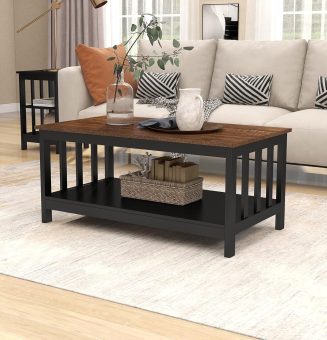 ChooChoo Farmhouse Coffee Table, Black Living Room Table with Shelf, 40 Inch