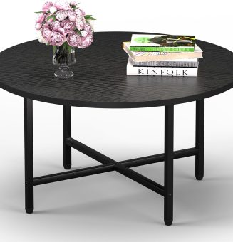 Coffee Table, 23.6" Coffee Tables for Living Room, Round Coffee Table with Metal Frame, Floor Table for Sitting on The Floor, Home, Office, Black