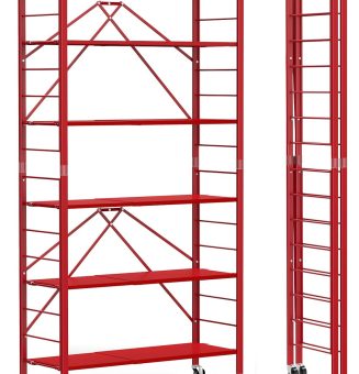 Himix 6 Tier Foldable Storage Shelves, Expandable Folding Bookshelf with Wheels, Changeable into 2 Shelf Units, Collapsible Adjustable Storage Rack Metal Shelves for Garage Kitchen, Basement, Red