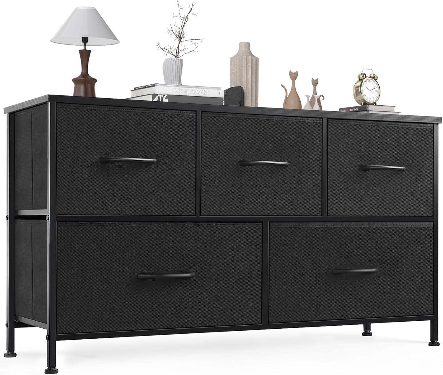 OLIXIS Dresser for Bedroom, 5 Storage Fabric Drawers, Metal Frame and Wooden Top, Tall Storage Drawer Dresser for Closet with Easy Pull Handles for Living Room, Entryway, Small Space Black