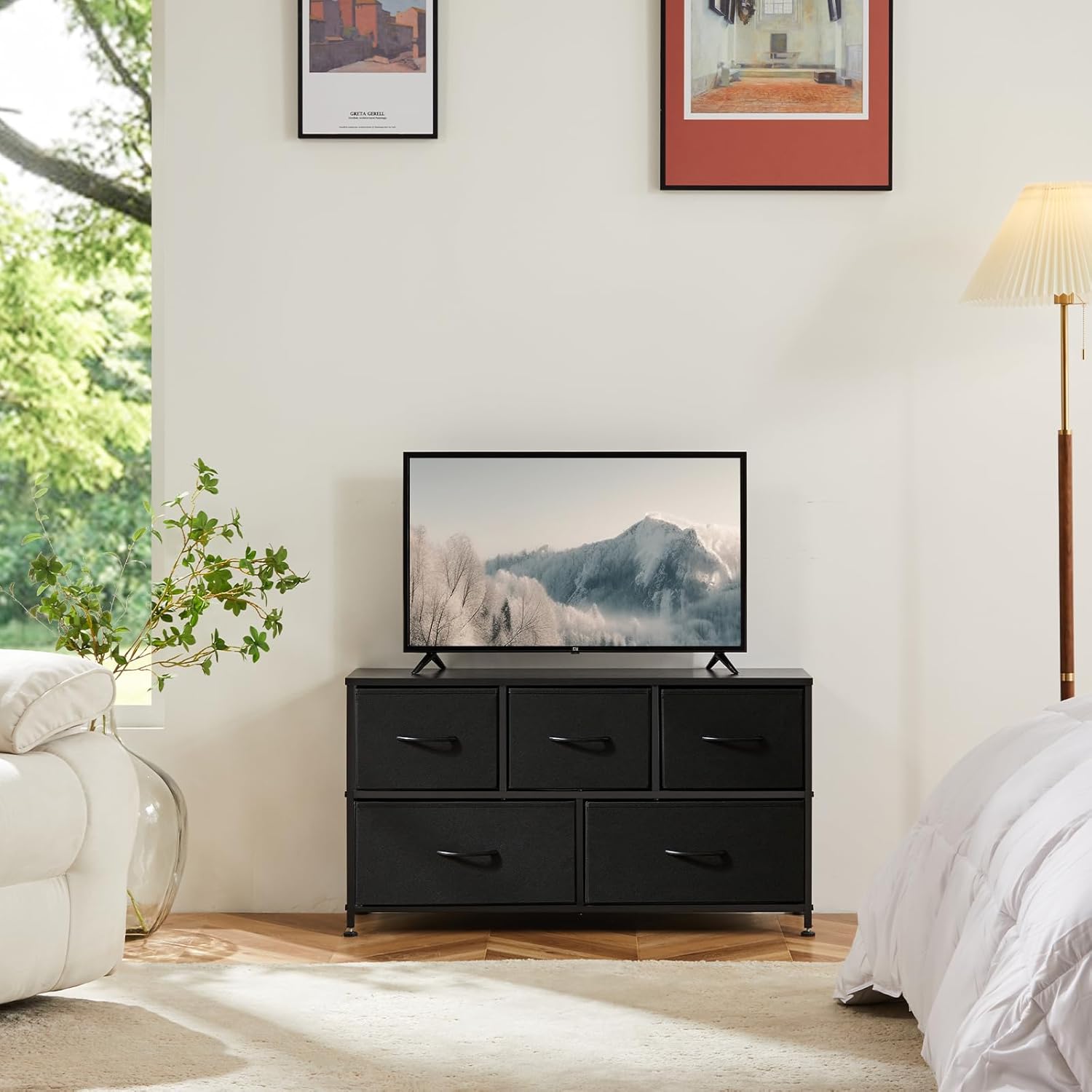 OLIXIS Dresser for Bedroom, 5 Storage Fabric Drawers, Metal Frame and Wooden Top, Tall Storage Drawer Dresser for Closet with Easy Pull Handles for Living Room, Entryway, Small Space Black - Image 2