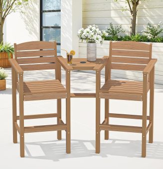 Tall Adirondack Chairs Set of 2, Outdoor HDPS Adirondack Chair with Removable Tray, Balcony Chairs with Umbrella Hole, Weather Resistance Tall Patio Chairs for Deck Patio Pool Lawn, Teak