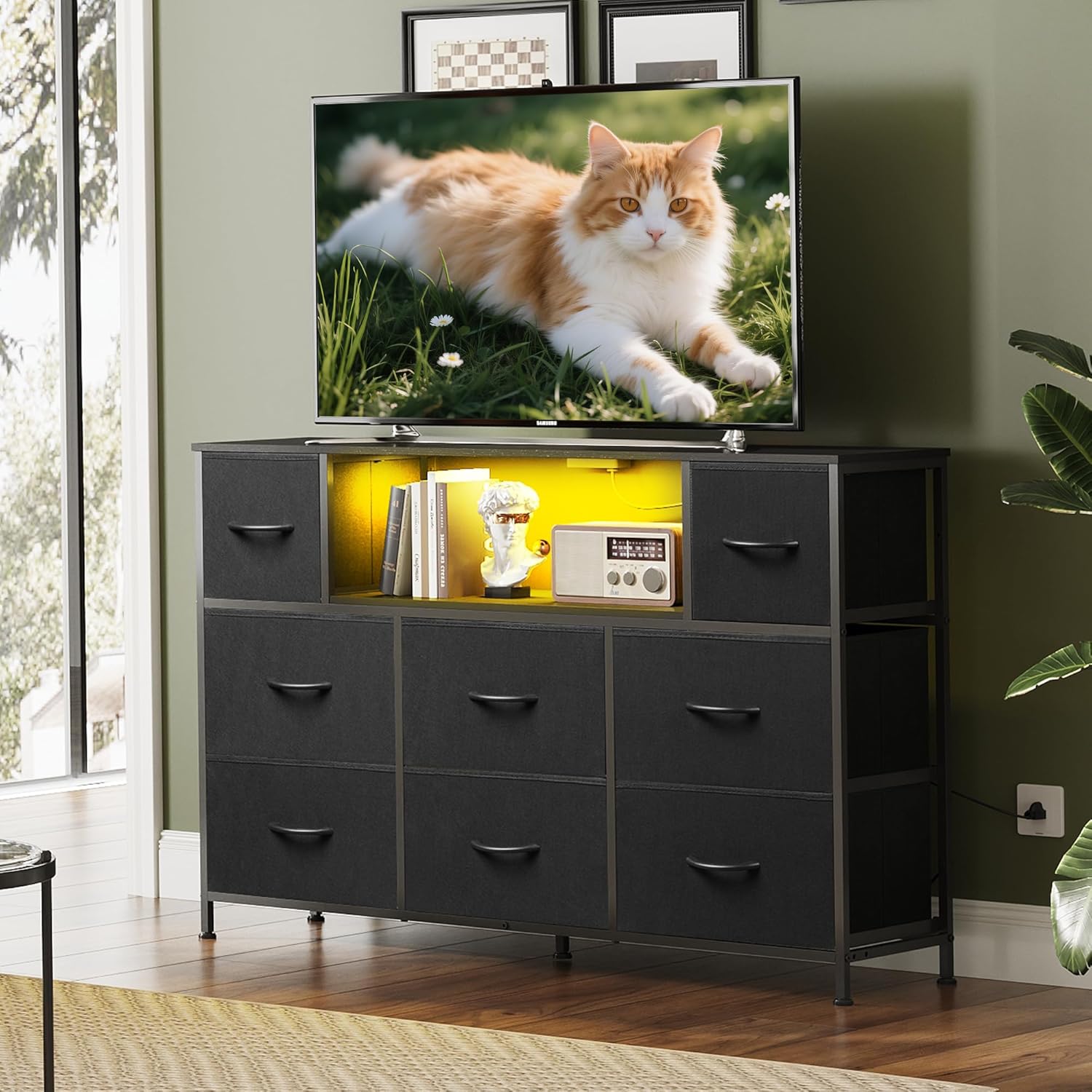 WLIVE Black TV Stand for 45, 50, 55 inch TV, Entertainment Center with LED Lights & Charging Station, TV Media Console Table with 8 Fabric Drawers and Open Shelves for Living Room, Hallway, Wood Top - Image 2