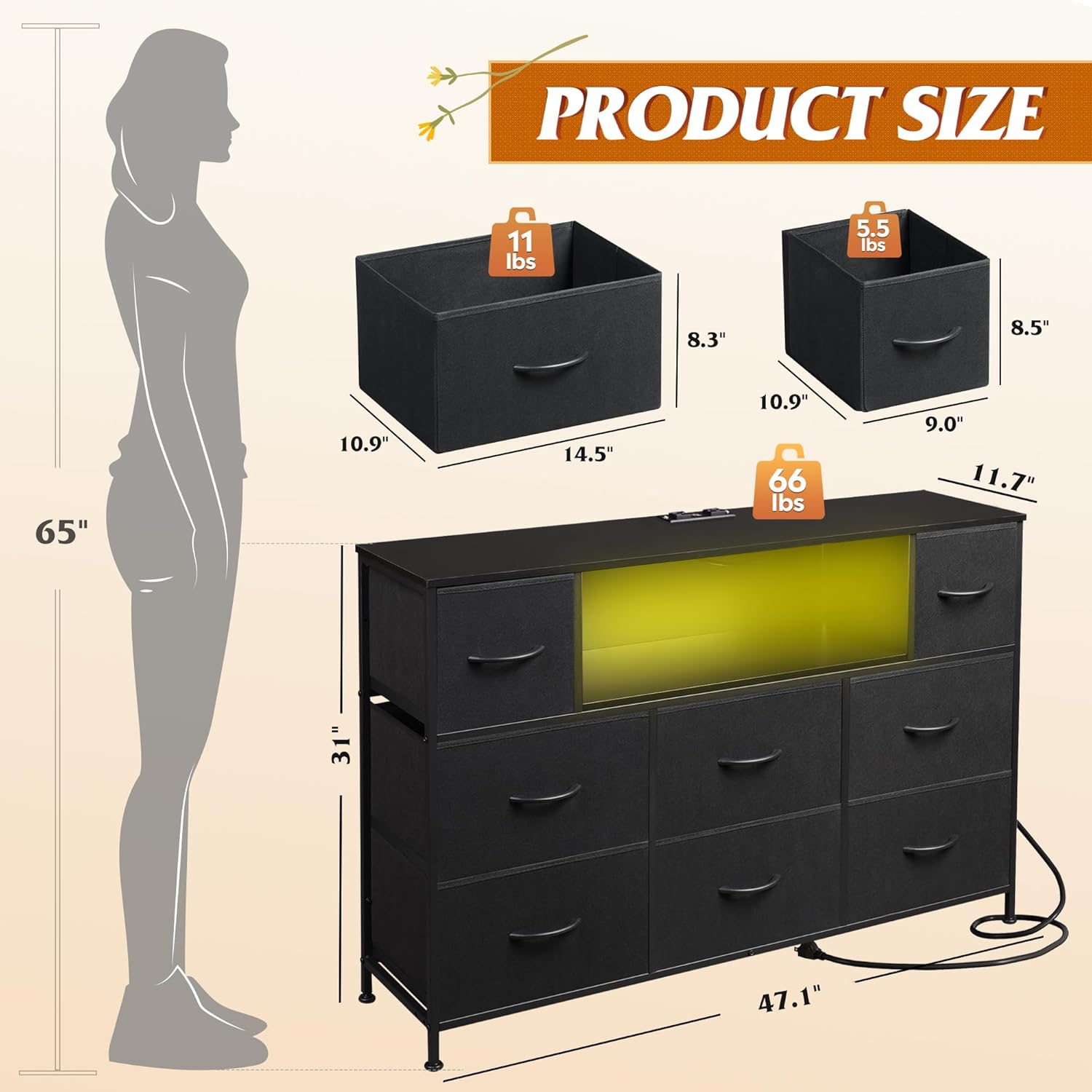 WLIVE Black TV Stand for 45, 50, 55 inch TV, Entertainment Center with LED Lights & Charging Station, TV Media Console Table with 8 Fabric Drawers and Open Shelves for Living Room, Hallway, Wood Top - Image 3
