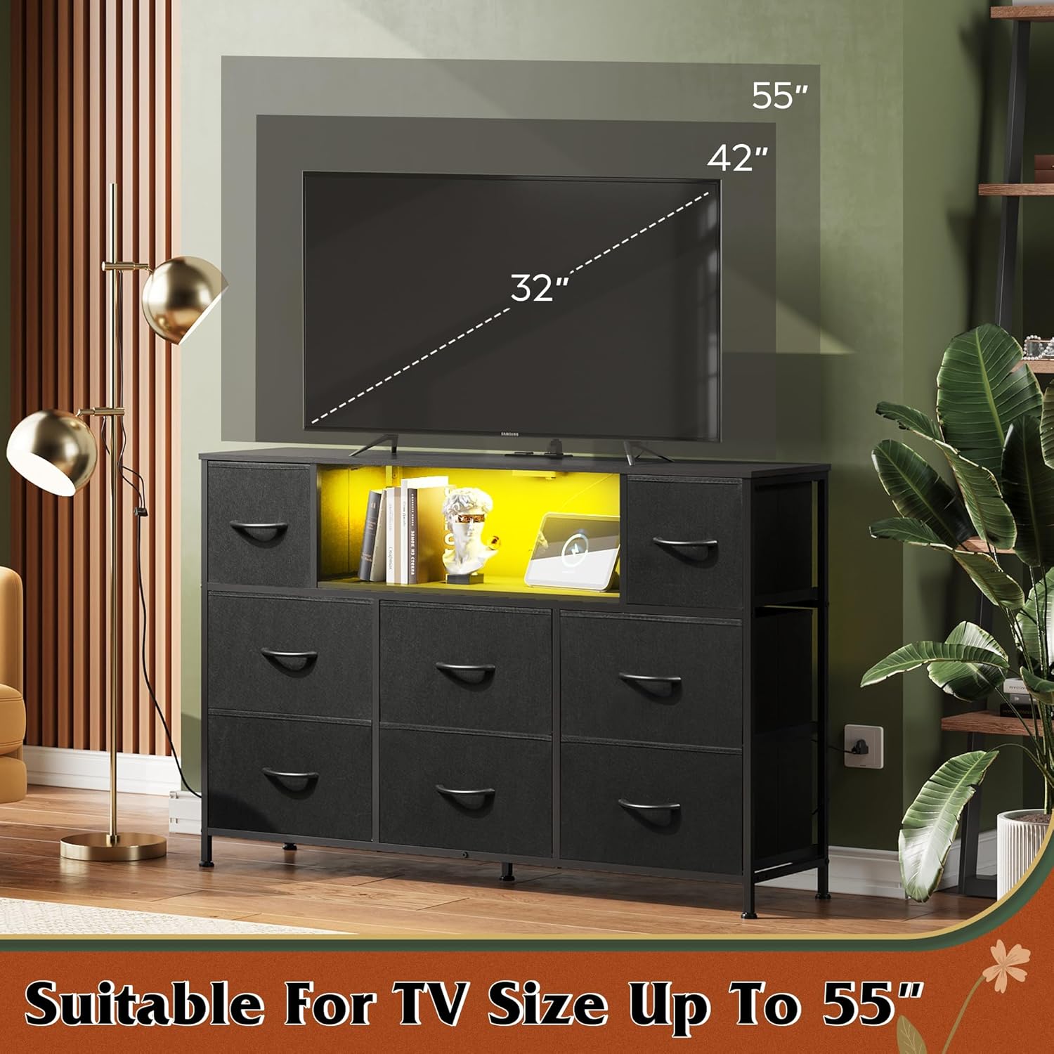 WLIVE Black TV Stand for 45, 50, 55 inch TV, Entertainment Center with LED Lights & Charging Station, TV Media Console Table with 8 Fabric Drawers and Open Shelves for Living Room, Hallway, Wood Top - Image 6