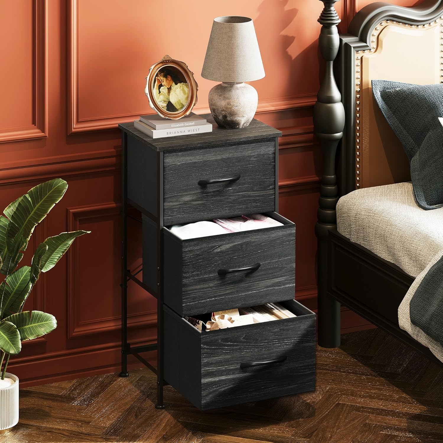 WLIVE Nightstand with 3 Drawers, Fabric Dresser, Organizer Unit, Storage Dresser for Bedroom, Hallway, Entryway, Closets, Steel Frame, Wood Top, Easy Pull Handle, Charcoal Black Wood Grain Print - Image 2