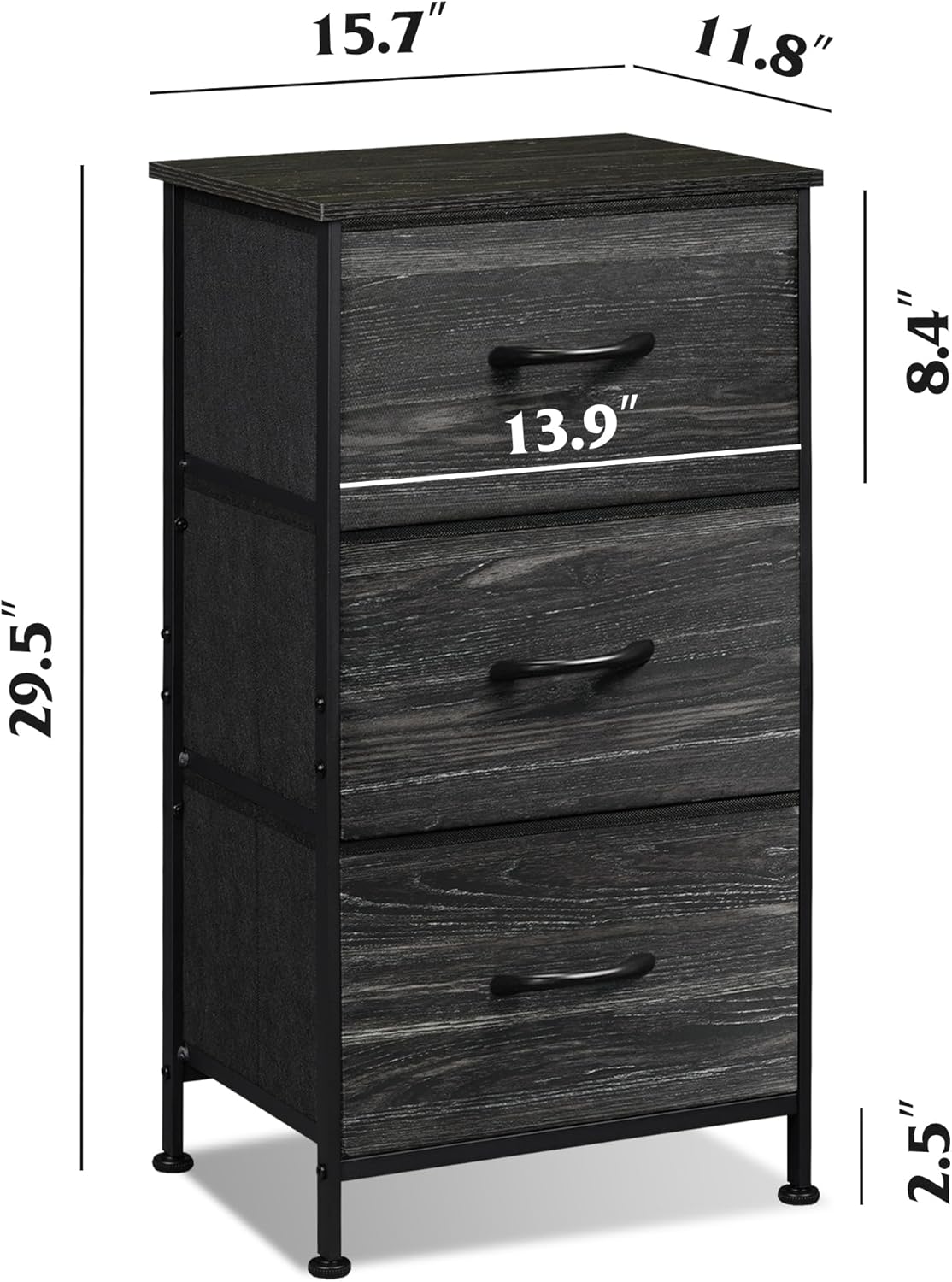 WLIVE Nightstand with 3 Drawers, Fabric Dresser, Organizer Unit, Storage Dresser for Bedroom, Hallway, Entryway, Closets, Steel Frame, Wood Top, Easy Pull Handle, Charcoal Black Wood Grain Print - Image 3