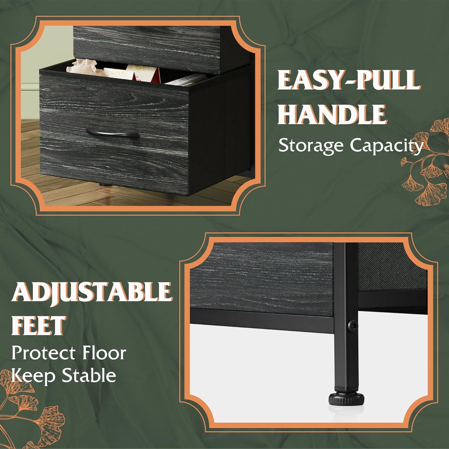 WLIVE Nightstand with 3 Drawers, Fabric Dresser, Organizer Unit, Storage Dresser for Bedroom, Hallway, Entryway, Closets, Steel Frame, Wood Top, Easy Pull Handle, Charcoal Black Wood Grain Print - Image 6
