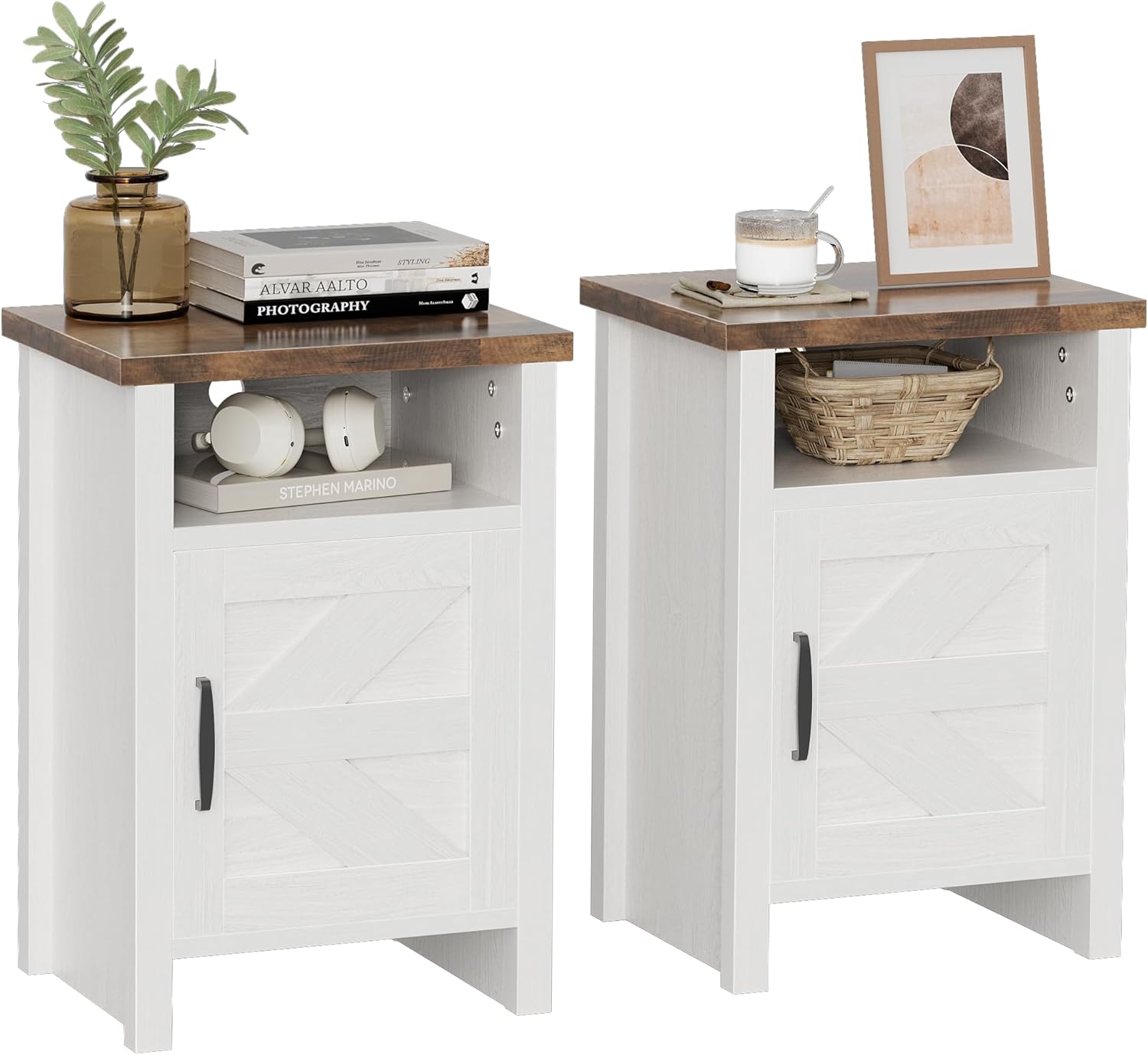 YESHOMY Farmhouse Modern Nightstand with Shelf and Barn Door, Set of 2 for Bedroom, White