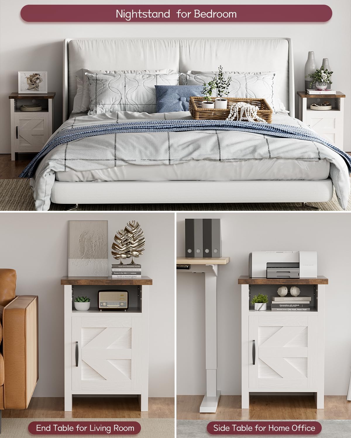 YESHOMY Farmhouse Modern Nightstand with Shelf and Barn Door, Set of 2 for Bedroom, White - Image 7